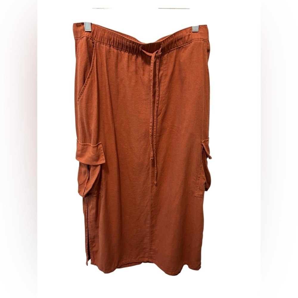 Sanctuary Linen Utility Cargo MIDI Skirt Sz XL Rust Drawstring Waist Split Sides